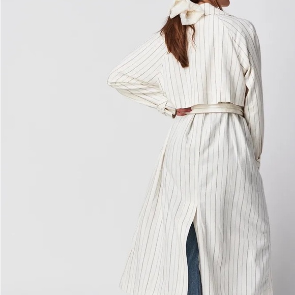 New free people Melia Mac Coat long sleeve boho linen blend plaid ecru striped - Picture 4 of 11